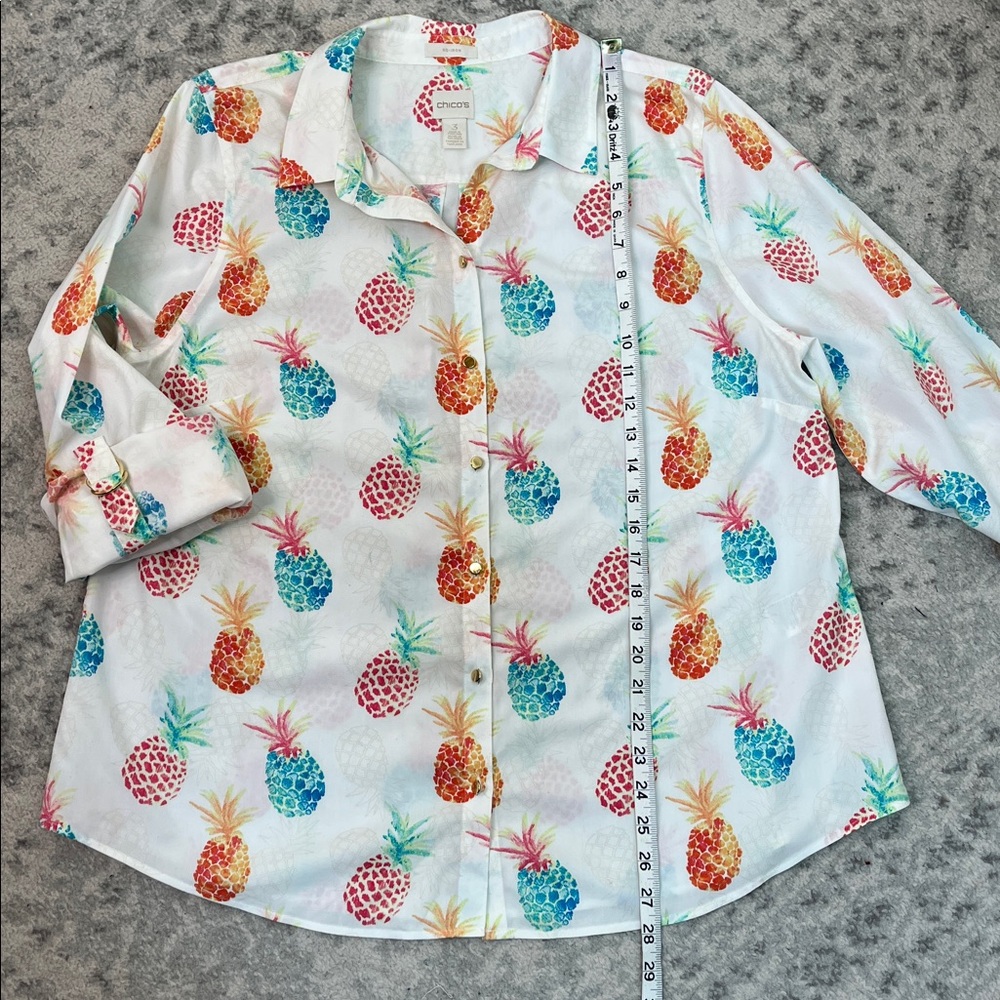 CHICO’S PINEAPPLE BUTTON UP NO IRON BLOUSE GOLD BUTTONS ROLL UP SLEEVES SZ 3 - Picture 11 of 11